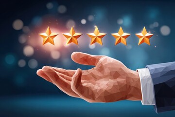 Hand presenting five-star rating above glowing stars in blue background, symbolizing top service and reviews