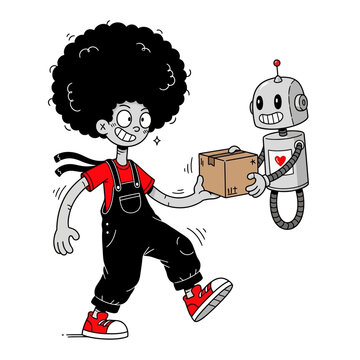 Cartoon Child Receiving Package from Robot.