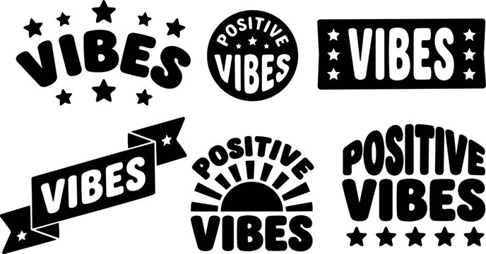Retro 70s bubble vector badges positive vibes wordmarks with stars sun ribbon and bold rounded lettering flat design black silhouette