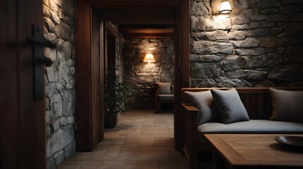 Fototapeta premium Cozy rustic stone interior featuring comfortable wooden furniture and warm ambient lamplight