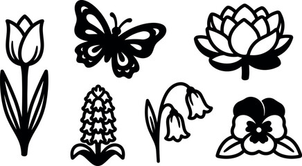 Naklejka premium Flat design floral icon set with tulip hyacinth lotus bellflowers pansy and butterfly simple black line art minimalist vector icons