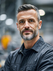 Fototapeta premium Confident mature man with a beard wearing a work uniform standing in an industrial workshop environment with a focused and calm expression