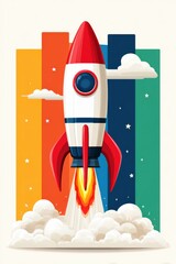 Fototapeta premium Vibrant rocket launch illustration with colorful panels and clouds, a modern space travel motif
