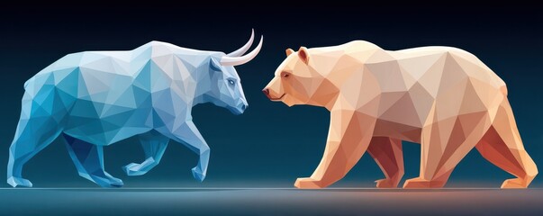 Two low-poly animals face off in a futuristic geometric illustration, a blue bull confronting a brown bear in a vivid polygon scene