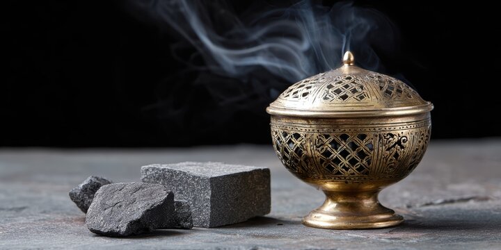 ornate brass thurible, an ornate, tarnished thurible with smoke rising from it, resting on a stone surface, captured in high resolution
