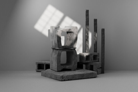 3D render of concrete blocks and vertical rods in studio scene