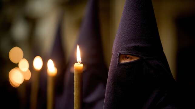 religious procession, silent penitents in traditional attire, carrying flickering candles, on good friday in seville, captured evocatively