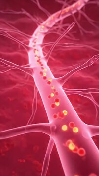 Close-up 3D medical visualization of healthy microcirculation within a nerve axon showing red blood cells and yellow particles flowing through capillaries against a deep red background with soft