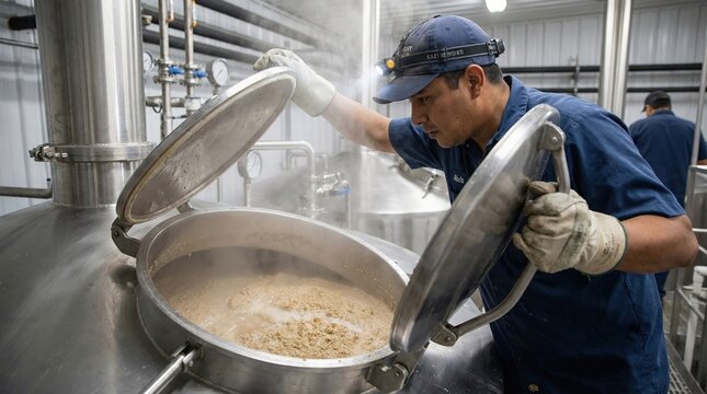 Worker inspecting mash tun interior in brewery with steam and mash visible