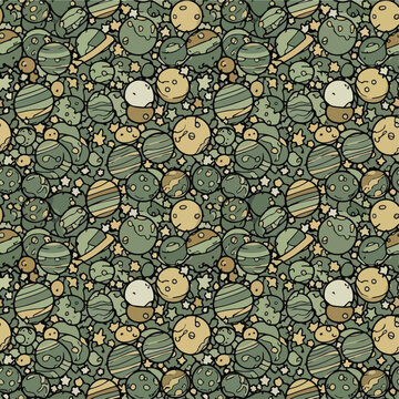 Seamless pattern of cartoon planets and stars in muted green and yellow tones, ideal for kids' decor or space-themed designs.