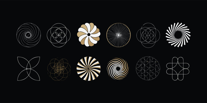 Collection of abstract spiral and floral geometric symbols in minimalist line art style for modern branding.