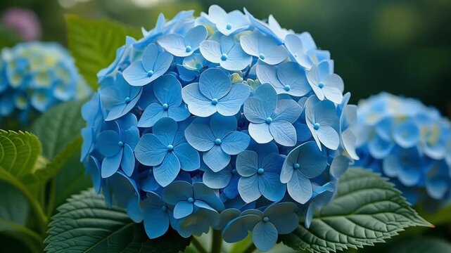 Hydrangea cluster blooming as individual micro-flowers open, forming a full blue sphere 4k video