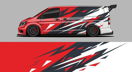 Vibrant red and white racing van with bold graphic wrap and dynamic angular stripes. © Lailatul