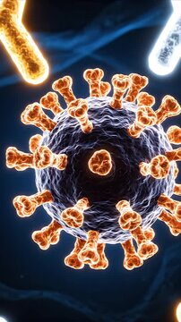 Close up CGI macro view of a virus particle being surrounded and neutralized by multiple glowing white and orange antibodies against a dark blue abstract background science and medical illustration
