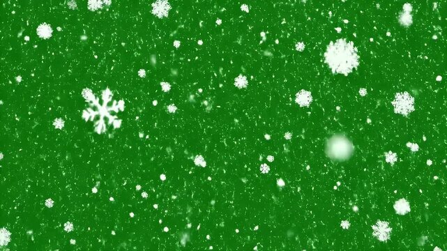 A green background with falling white snowflakes of varying sizes, simulating a blizzard