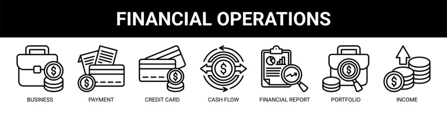 Financial Operations web banner icon vector illustration concept with icons of business, payment, credit card, cash flow, financial report, portfolio, and income.