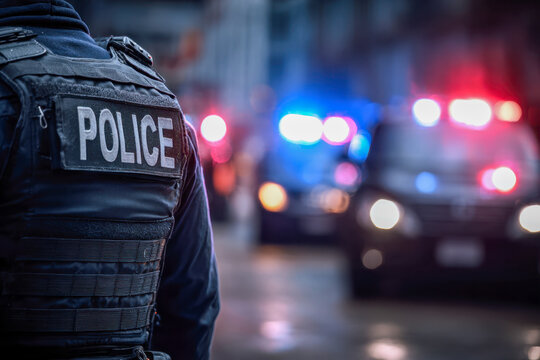 Police officer in tactical gear standing alert on city street with blurred emergency vehicle lights flashing in the background during nighttime response