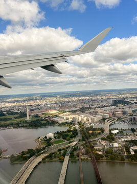 View of Washington, D.C. monuments from Airplane window