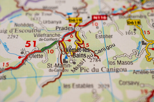 Detailed road map close up of Prades and Massif du Canigou region in southern France.
