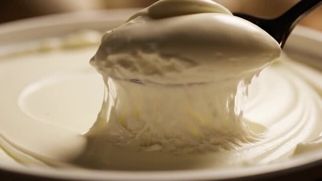 A shiny l spoon scoops a generous portion of creamy white yogurt from