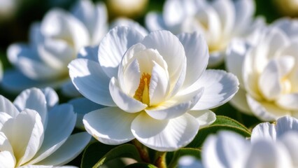 Obraz premium White camellia cluster blooming in morning sunlit garden bed.