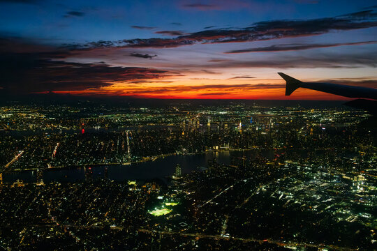 Aerial New York City at sunset