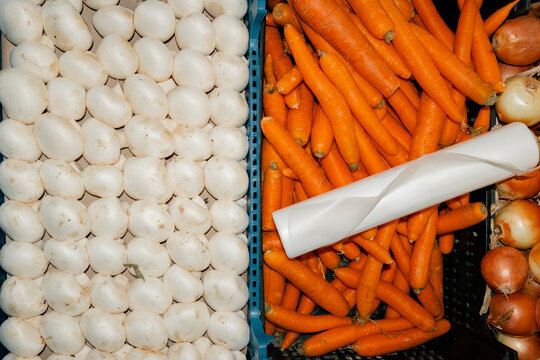 Mushrooms, Carrots, and Onions Display
