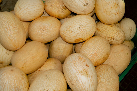 Pile of Yellow Melons in Crate