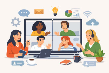 Obraz premium Business Communication via Internet Concept with Group of Young Diverse People Having a Video Conference Online on Laptop Screen, Remote Work, Virtual Meeting, Digital Collaboration and Teamwork