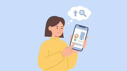 Young woman searching for a house or apartment to rent or buy using a mobile application on her smartphone, comparing property ratings and reviews, online real estate search vector illustration.