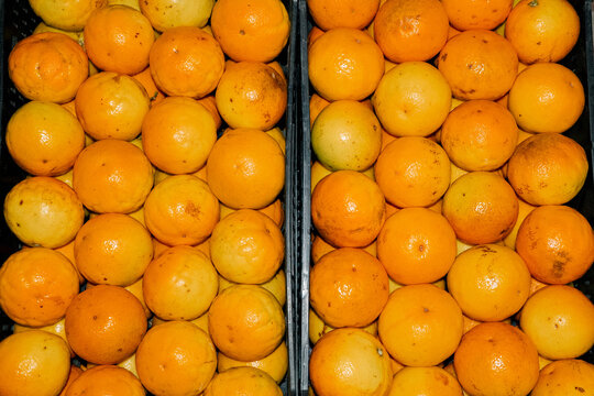 Stacked Oranges in Market Crates