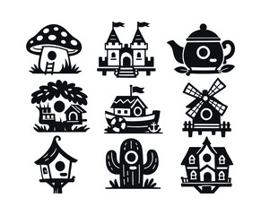 Collection of nine charming fantasy houses, perfect for adding a touch of whimsy and creativity to any design project
