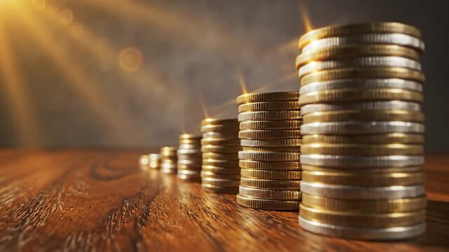 Growing stacks of coins on a wooden table symbolize financial success.