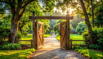 Wooden gate opens to a sunny park path lined with lush foliage