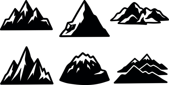 Vector icon set minimalist mountain silhouettes six black peaks in flat design bold low angle view isolated on white background