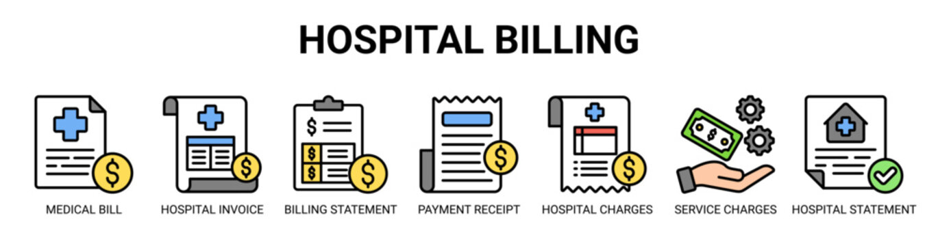 Hospital Billing web banner icon vector illustration concept with icons of medical bill, hospital invoice, billing statement, payment receipt, hospital charges, service charges, and hospital statement