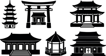 Fototapeta premium Flat design silhouette set of asian temple icons including five structures pagoda torii shrine pavilion gazebo in simple black vector