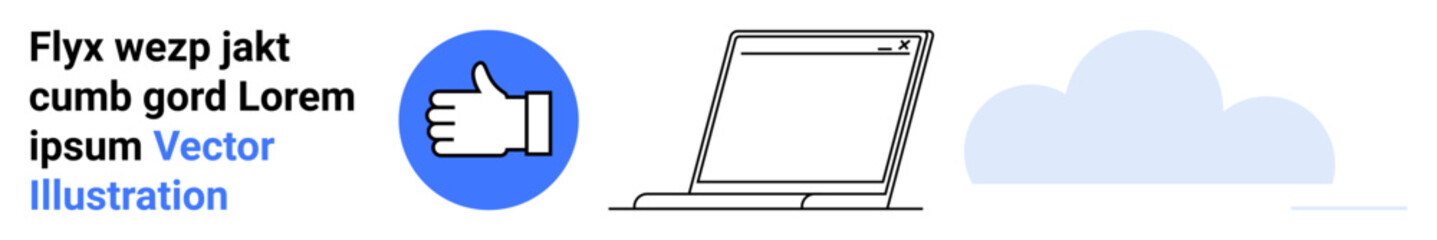 Obraz premium Online connectivity, digital approval, cloud storage, data synchronization, remote access, positive feedback. A laptop next to a cloud icon and a thumbs-up symbol. Online connectivity and digital