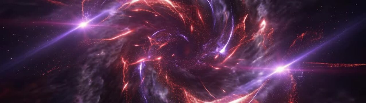 Cosmic energy swirling in deep space creating a dynamic background. Purple and red particles forming light trails and nebulas.