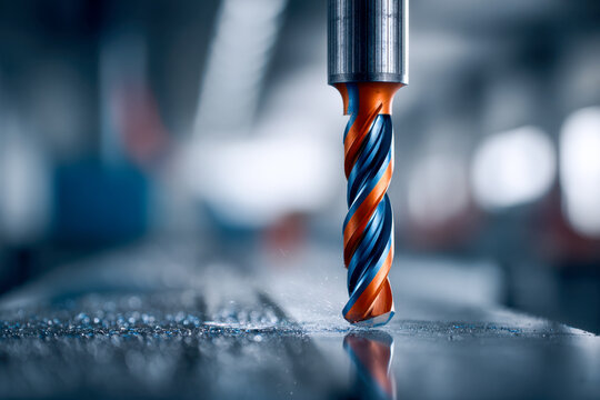 High-performance milling cutter with sharp spiral blades working on metal surface in modern industrial workshop with precise machining process and blurred background