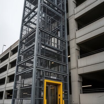 Modern Elevated Lift Enclosed In Metallic Grid Structure Near Parking Garage Building Exterior