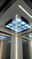 Obraz premium Modern Elevator Interior Design Featuring Geometric Patterns and Illuminated Ceiling Architecture