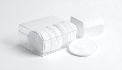 White cotton rounds, transparent box, and a small, white square container