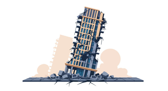 Damaged building with exposed structure and debris.