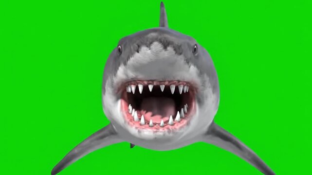 Great White Shark Menacing Attack with Sharp Teeth in Dramatic Close-up on Green Screen for Film and Video Production