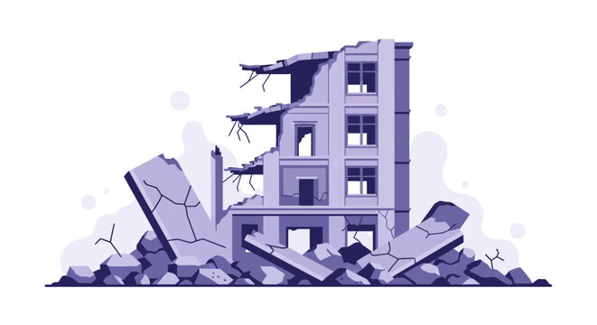 Damaged building with debris and destruction around it.