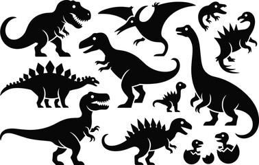 Dinosaur silhouettes collection, prehistoric animal vector icons, jurassic creatures set, cad drawing flat vector illustration, extinct wildlife, black. © Monjila