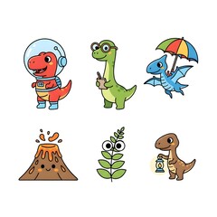 Naklejka premium Cute Dinosaur Icon Set with Funny Characters and Volcano