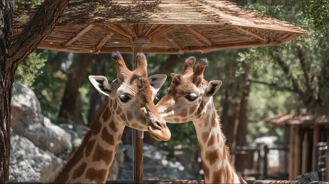 Giraffes enjoying shade and companionship under a natural canopy in a serene wildlife setting