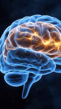 CGI rendering of the human brain with highlighted default mode network activity in orange and blue tones against a dark abstract background, ideal for medical education and scientific presentations